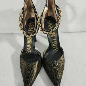 SAM and LIBBY, WOMEN'S DESIGNER,POINTED-TOE, STRAP HEELS Size 7 Gold Ankle Chain